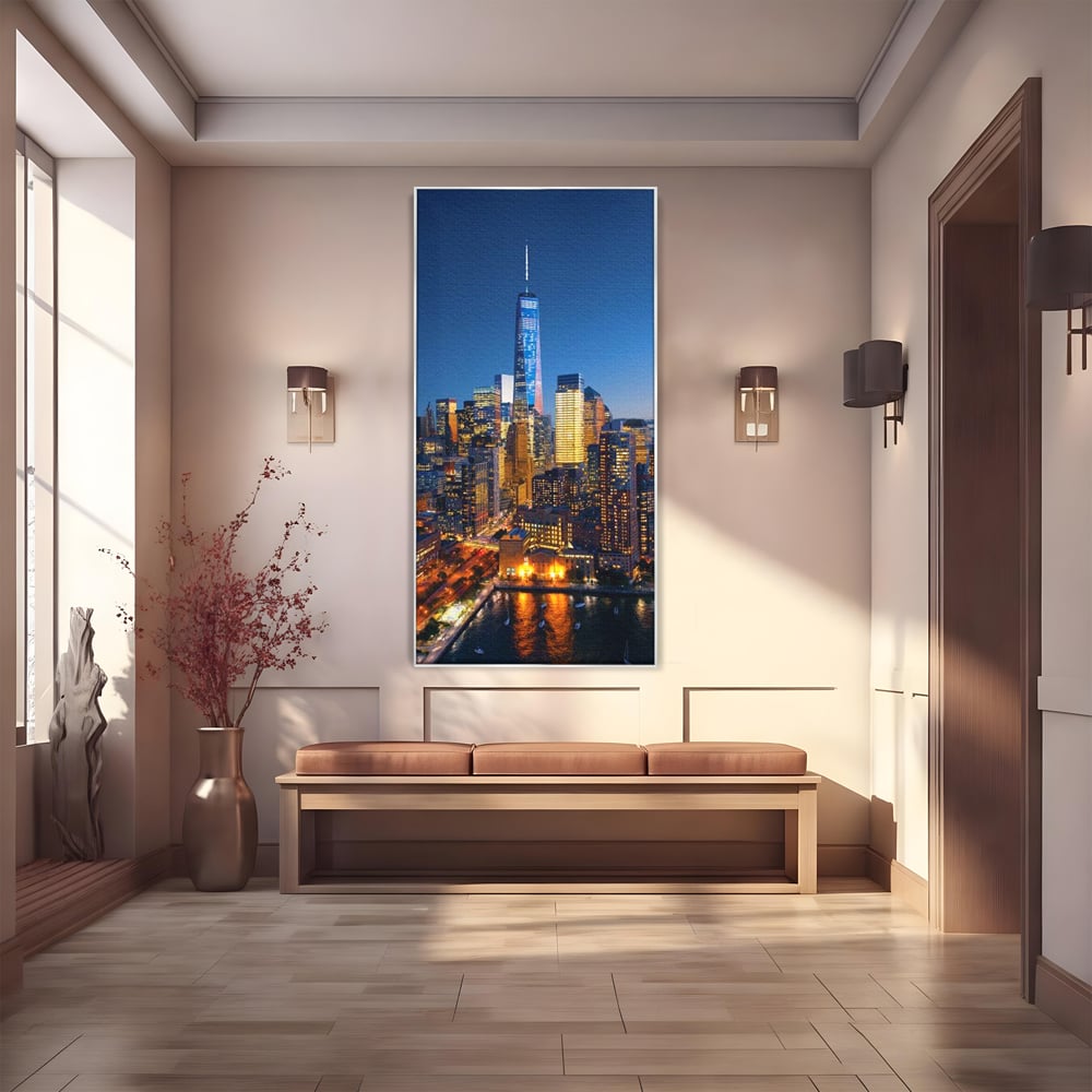 Tablou canvas cu panoramic nocturn cu zghiet-nori din new york, in rama de aluminiu argintiu